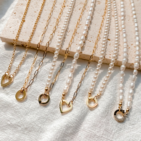 Chaîne en forme de cœur, cercle, acier inoxydable, imperméable, couleur or, perles d'eau douce, apprêts pour bijoux de la série Simple DIY
