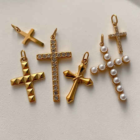 Pendentifs pour femmes en forme de cœur et de croix, en acier inoxydable étanche, couleur or, avec perle artificielle, collection classique à faire soi-même