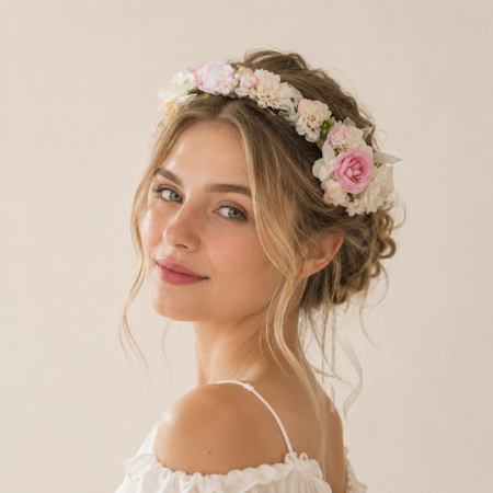 Couronne de fleurs de mariée en tissu tissé naturel avec des feuilles de rose, collection romantique 2