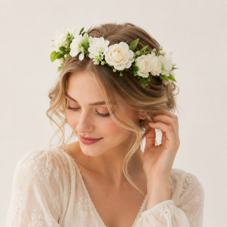 Couronne de fleurs de mariée en tissu tissé naturel avec des feuilles de rose, collection romantique 2
