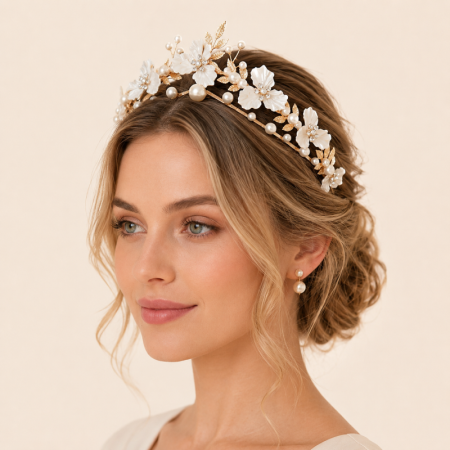 Couronnes de cheveux luxueuses et élégantes en acrylique, strass et perles artificielles, ornées de fleurs.