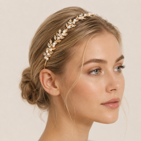 Bandeaux à cheveux luxueux et élégants en perles artificielles, strass et strass, ornés de fleurs et de feuilles. 2