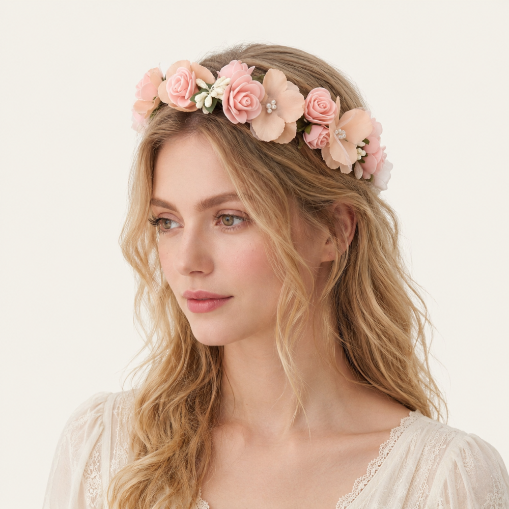 Couronne De Fleurs En Tissu Naturel À Motifs Floraux Et Feuilles, Collection Romantique Image2