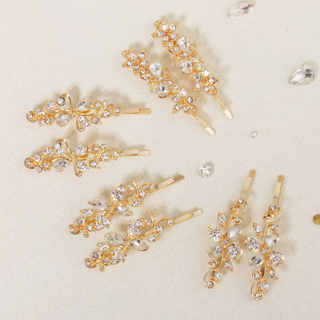 Pinces à cheveux élégantes en métal et strass, ornées de fleurs et de feuilles, collection Luxueuse