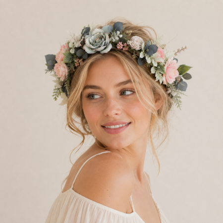 Série romantique - Bandeaux à cheveux en tissu avec fleurs naturelles et feuilles de rose - Couronne de fleurs 2