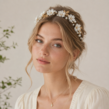 Série luxueuse de coiffes de mariée élégantes en alliage, strass et perles artificielles, ornées de fleurs et de feuilles.
