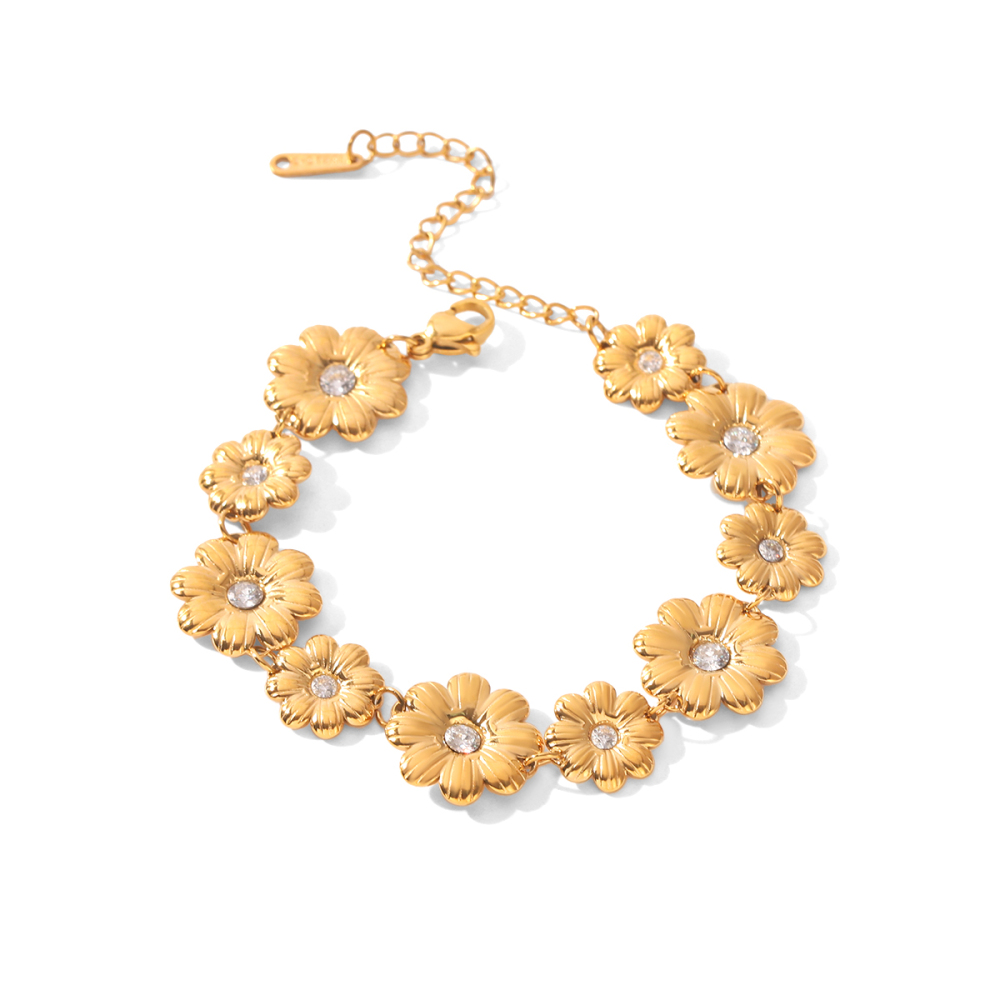Bracelet Chaîne Pour Femme Simple Series Daily Flower En Acier Inoxydable, Étanche, Couleur Or, Avec Zircon.