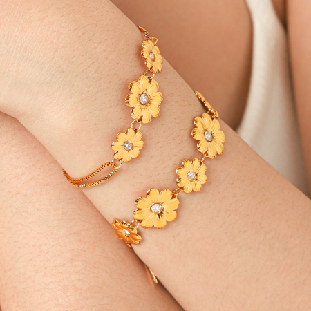 Bracelet chaîne pour femme Simple Series Daily Flower en acier inoxydable, étanche, couleur or, avec zircon.