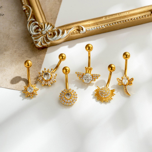 Piercing Nombril Femme Simple Series Flower Couleur Cuivre Doré Zircon h5 Image5