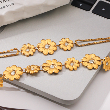 Bracelet chaîne pour femme Simple Series Daily Flower en acier inoxydable, étanche, couleur or, avec zircon. 2