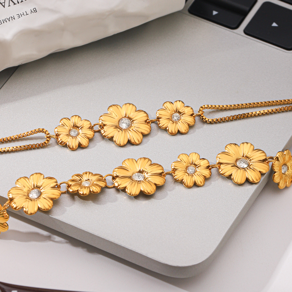 Bracelet Chaîne Pour Femme Simple Series Daily Flower En Acier Inoxydable, Étanche, Couleur Or, Avec Zircon. h5Image3
