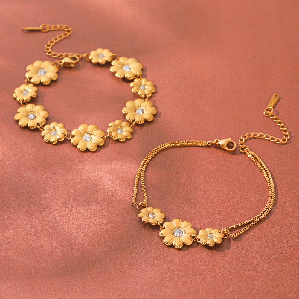 Bracelet Chaîne Pour Femme Simple Series Daily Flower En Acier Inoxydable, Étanche, Couleur Or, Avec Zircon. h5Image5