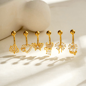 Piercings De Nombril En Zircon Couleur Cuivre Doré, Série Simple : Fleur, Cœur, Feuille, Papillon h5 Image5