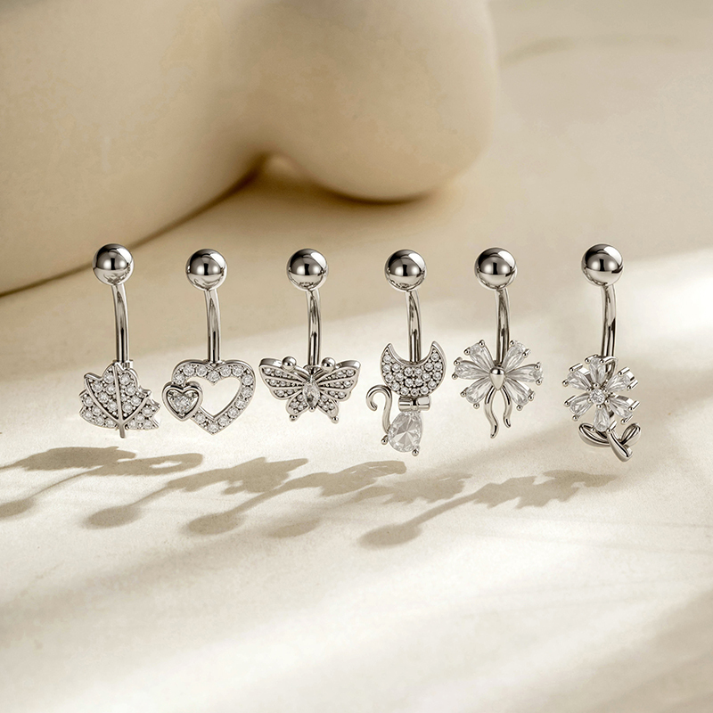 Piercings De Nombril En Zircon Couleur Cuivre Doré, Série Simple : Fleur, Cœur, Feuille, Papillon h5Image6