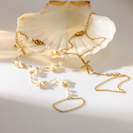 Chaîne de main femme en acier inoxydable doré, imperméable, avec pendentif étoile de mer et cristal artificiel. 2