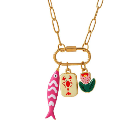 Colliers pendentifs femme en acier inoxydable doré avec pendentif cœur et poisson en émail