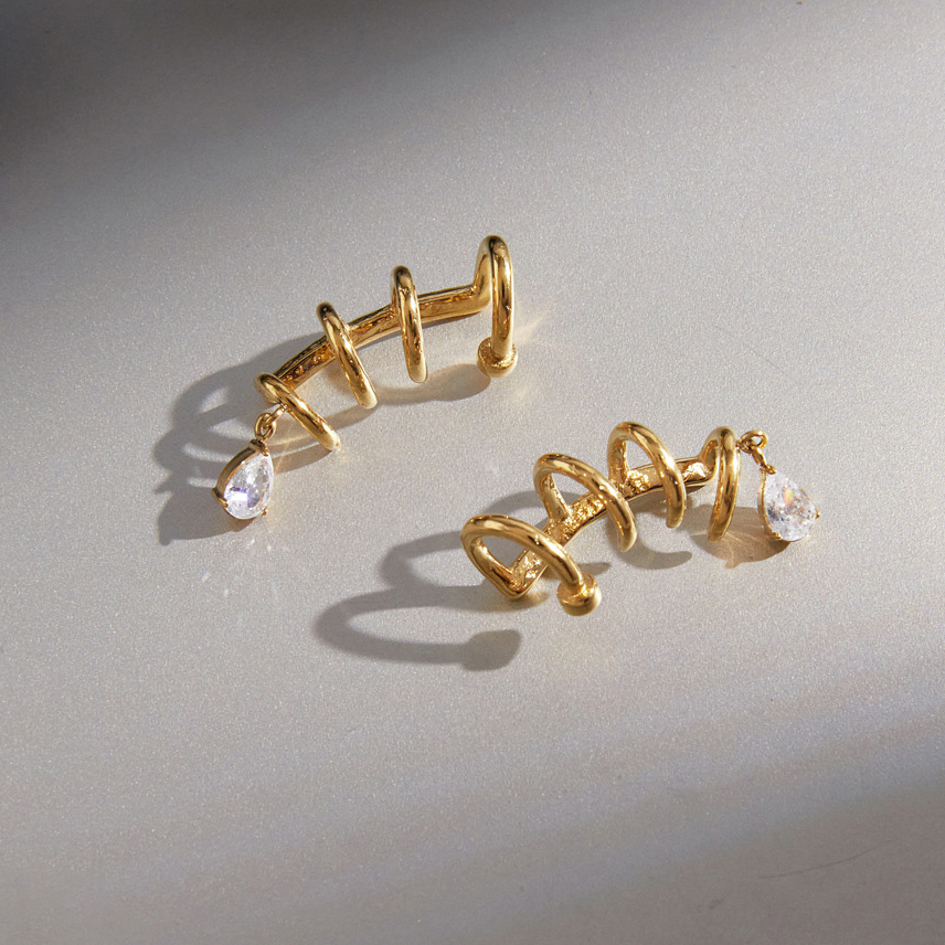 Boucles D'Oreilles Manchette Pour Femme, Collection Luxueuse, Style Rétro, Lignes Irrégulières, Acier Inoxydable, Couleur Or, Zircon, Étanches Image4