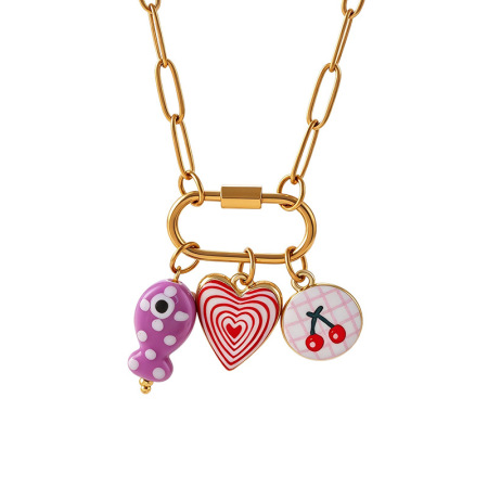 Colliers pendentifs femme en acier inoxydable doré avec pendentif cœur et poisson en émail 2