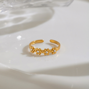 Bagues Pour Femmes En Acier Inoxydable Doré, Étanches, En Forme De Fleur Et Ornées De Strass h5 Image2
