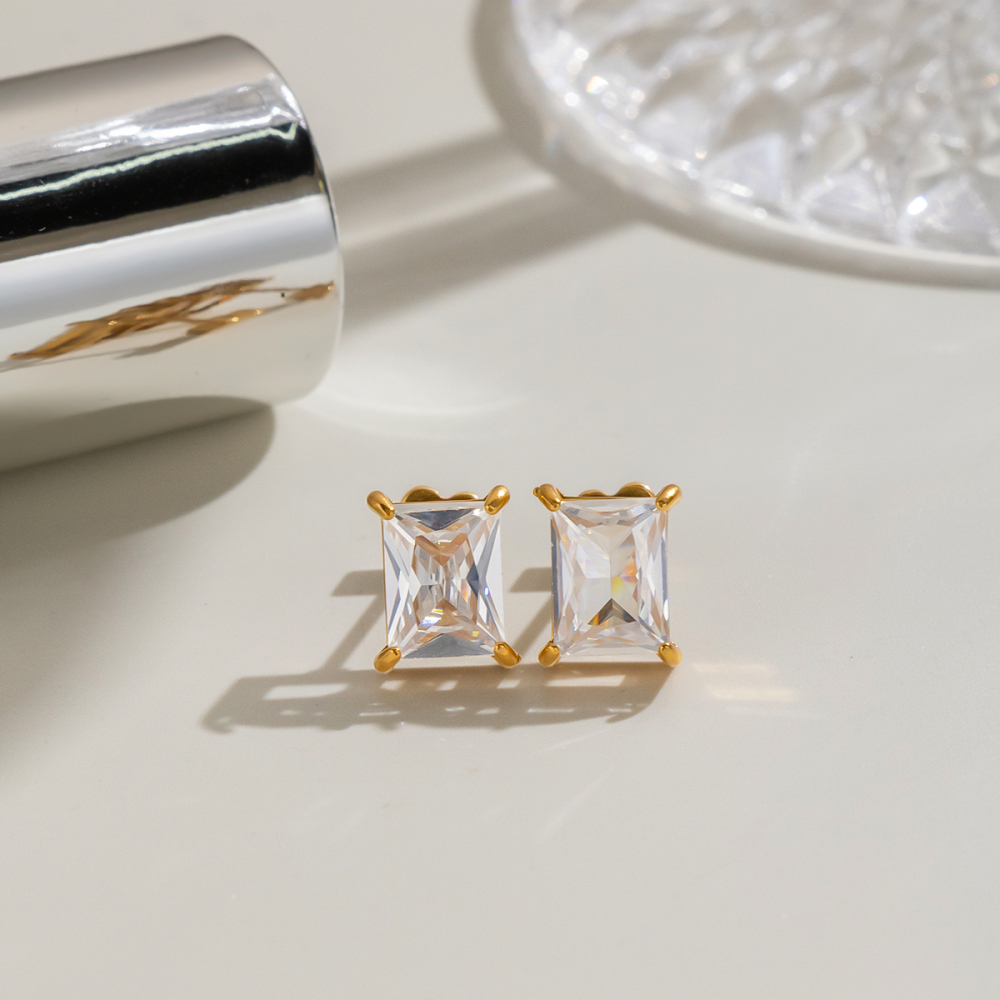Boucles D'Oreilles Puces Pour Femmes En Acier Inoxydable Étanche, Couleur Or, Avec Zircon. Image4