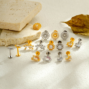 Boucles D'Oreilles Piercing Pour Femme, En Alliage De Titane Doré Avec Zircon, Motif Cœur Et Animal, Collection Simple. h5 Image4