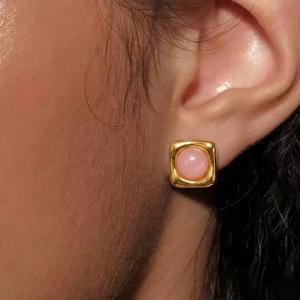 Boucles D'Oreilles Puces Pour Femmes, Forme Géométrique, Acier Inoxydable, Pierre Naturelle, Étanches, Couleur Or h5 Image3