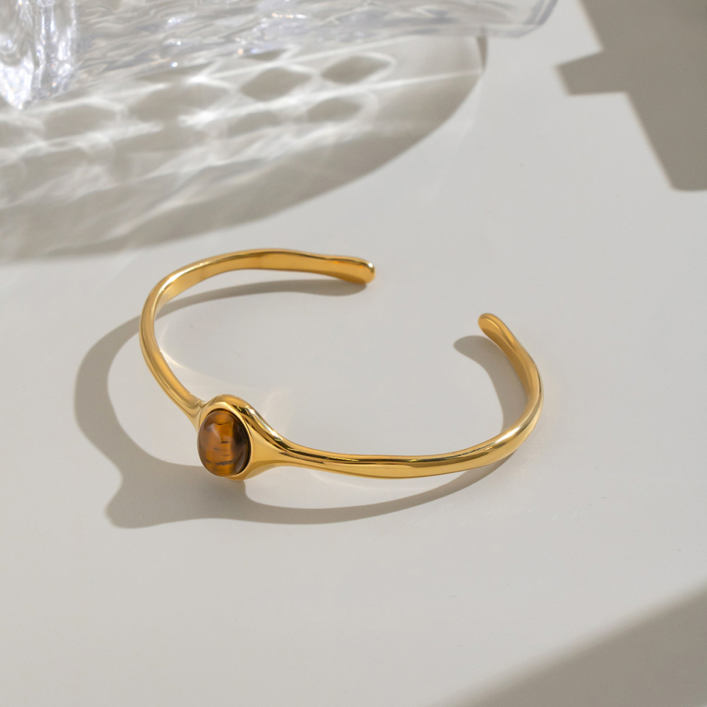 Bracelet Manchette Pour Femme En Acier Inoxydable De Forme Elliptique, Couleur Or, Étanche, Avec Pierre Naturelle Image4