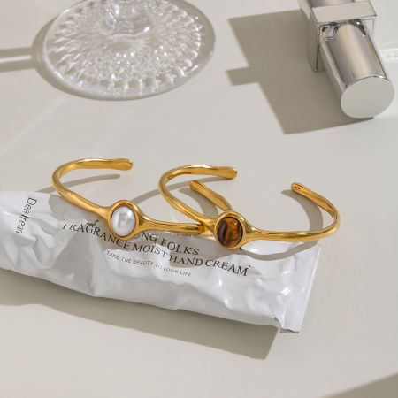 Bracelet manchette pour femme en acier inoxydable de forme elliptique, couleur or, étanche, avec pierre naturelle 2