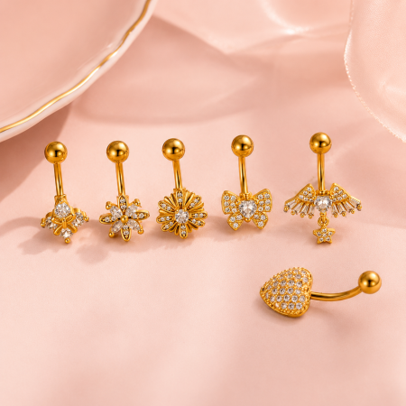 Piercings de nombril en zircon couleur cuivre et or, motif fleur, cœur, nœud papillon et ailes, série simple