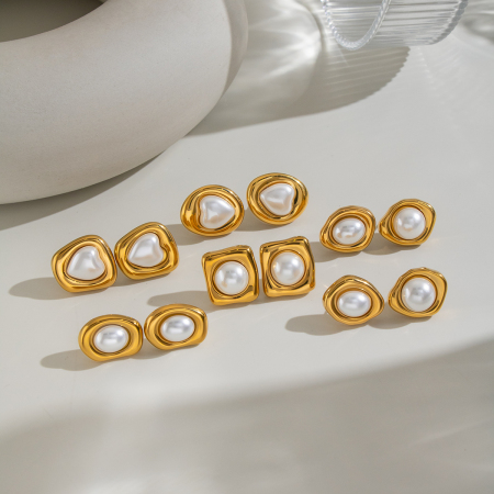Boucles d'oreilles puces pour femme, forme géométrique, perles artificielles couleur or 2