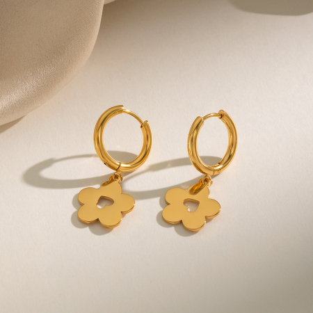 Boucles d'oreilles pendantes pour femme, en acier inoxydable, couleur or, en forme de fleur et étanches. 2