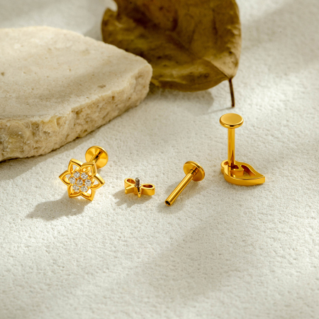 Boucles d'oreilles piercing pour femme, série simple, en alliage de titane doré avec nœud papillon et zircon. 2