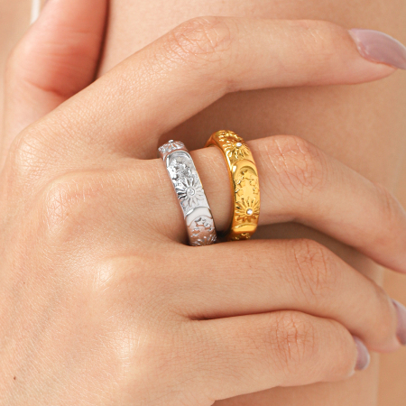 Bagues de déclaration en acier inoxydable étanches couleur or avec zircon, collection Simple Series Daily Sun Star Moon