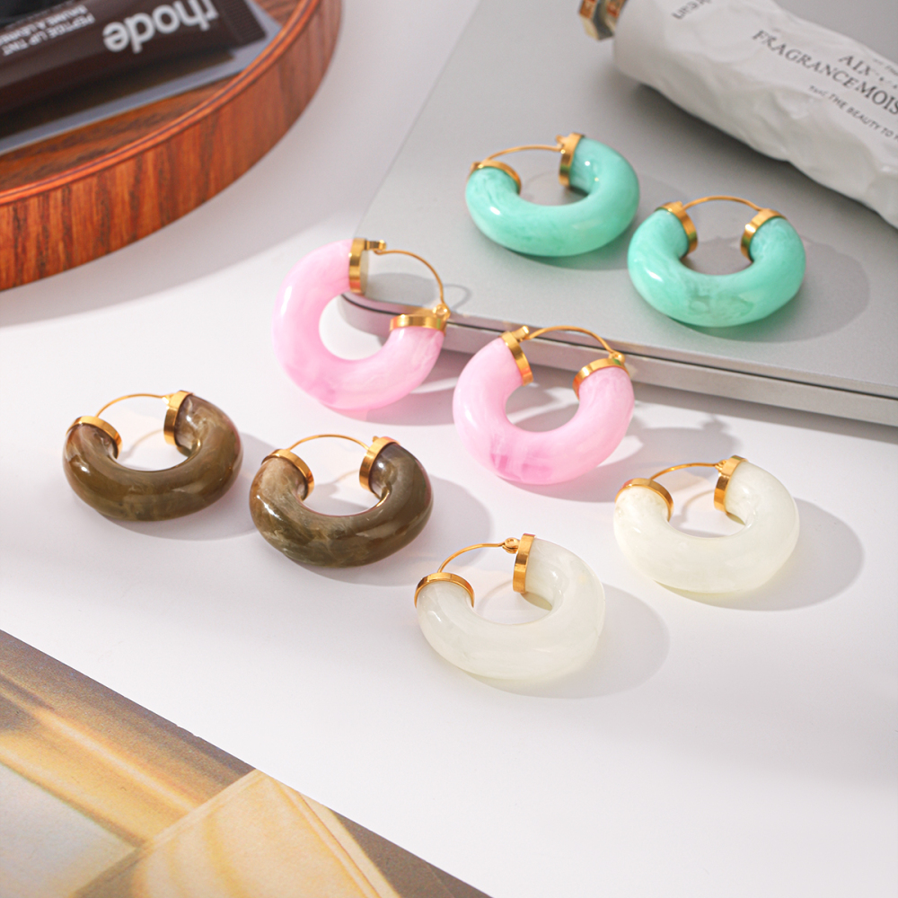 Boucles D'Oreilles Créoles Pour Femmes, Style Rétro, Géométriques, En Résine Dorée, Collection Simple Series Image3