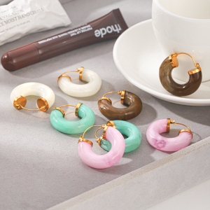 Boucles D'Oreilles Créoles Pour Femmes, Style Rétro, Géométriques, En Résine Dorée, Collection Simple Series h5 Image6