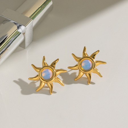 Boucles d'oreilles puces pour femmes en acier inoxydable doré, en forme de soleil, étanches, avec pierre naturelle