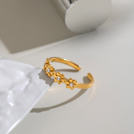 Bagues pour femmes en acier inoxydable doré, étanches, en forme de fleur et ornées de strass