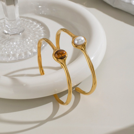 Bracelet manchette pour femme en acier inoxydable de forme elliptique, couleur or, étanche, avec pierre naturelle