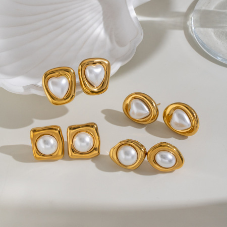 Boucles d'oreilles puces pour femme, forme géométrique, perles artificielles couleur or