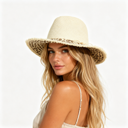 Chapeaux de paille en raphia imprimé léopard avec nœud papillon, collection Simple 2