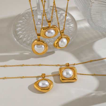 Colliers pendentifs pour femmes en acier inoxydable de forme géométrique, étanches, couleur or, avec perles artificielles