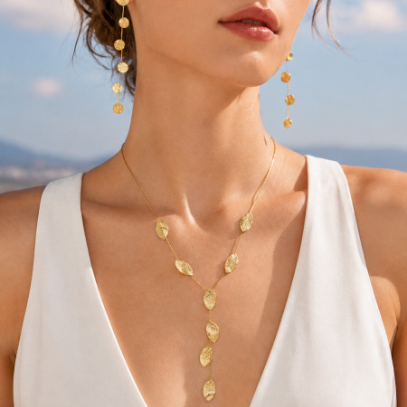 Boucles d'oreilles pendantes pour femme, motif patchwork de feuilles, en acier inoxydable, couleur or, collection Simple Series Vacation.