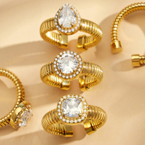 Bagues Pour Femmes En Acier Inoxydable Doré, Élégantes Et De Forme Irrégulière, Serties De Zircon, Avec Motif Cœur. Collection Luxueuse. h5 Image4