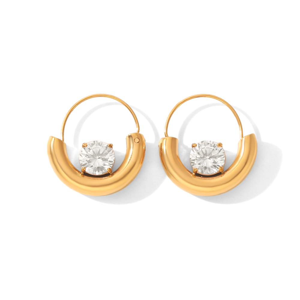 Boucles D'Oreilles Créoles Pour Femmes En Acier Inoxydable, Étanches, Couleur Or Et Zircon.