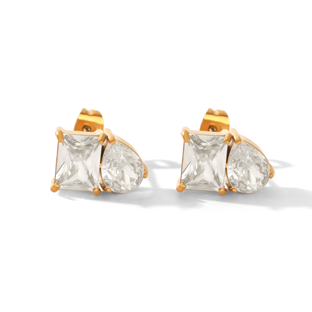 Boucles D'Oreilles Puces Pour Femmes, En Acier Inoxydable Doré, Imperméables, En Forme De Goutte, Avec Zircon Rectangulaire Et Monture En Forme De Goutte 