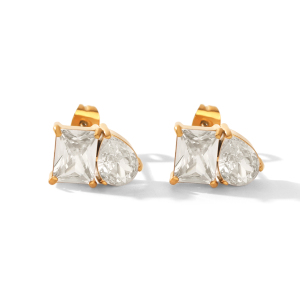 Boucles D'Oreilles Puces Pour Femmes, En Acier Inoxydable Doré, Imperméables, En Forme De Goutte, Avec Zircon Rectangulaire Et Monture En Forme De Goutte h5 