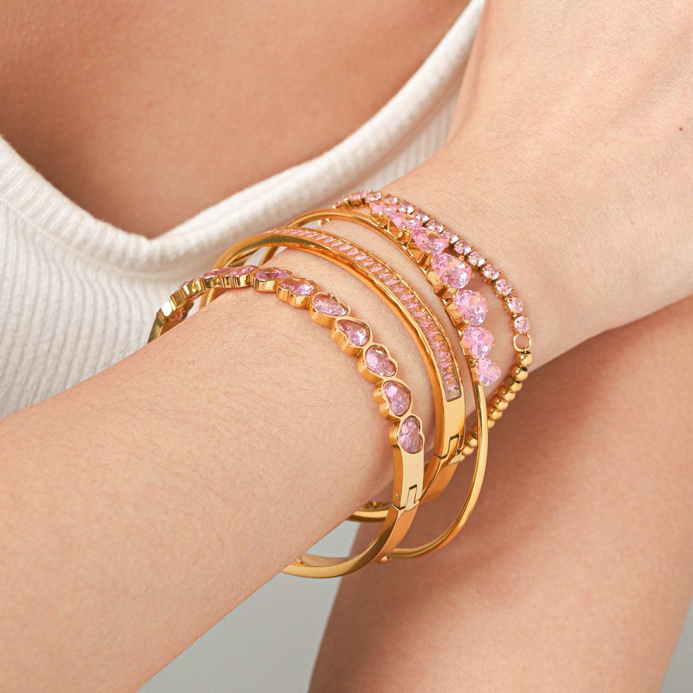 Bracelet Jonc Pour Femme En Acier Inoxydable Doré, Étanche, En Forme De Cœur Et D'Ellipse, Orné De Zircon, Collection Luxe Daily Image5