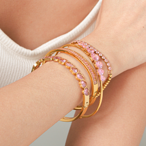 Bracelet Jonc Pour Femme En Acier Inoxydable Doré, Étanche, En Forme De Cœur Et D'Ellipse, Orné De Zircon, Collection Luxe Daily h5 Image5