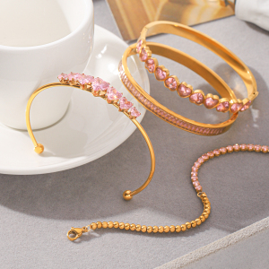 Bracelet Jonc Pour Femme En Acier Inoxydable Doré, Étanche, En Forme De Cœur Et D'Ellipse, Orné De Zircon, Collection Luxe Daily h5 Image7