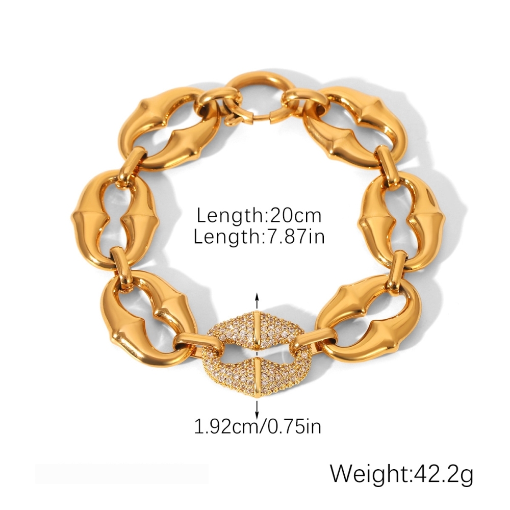 Bracelet Chaîne Femme En Acier Inoxydable Étanche Couleur Or Avec Zircon, Forme Ellipse Florale De Luxe Pour Tous Les Jours Image2